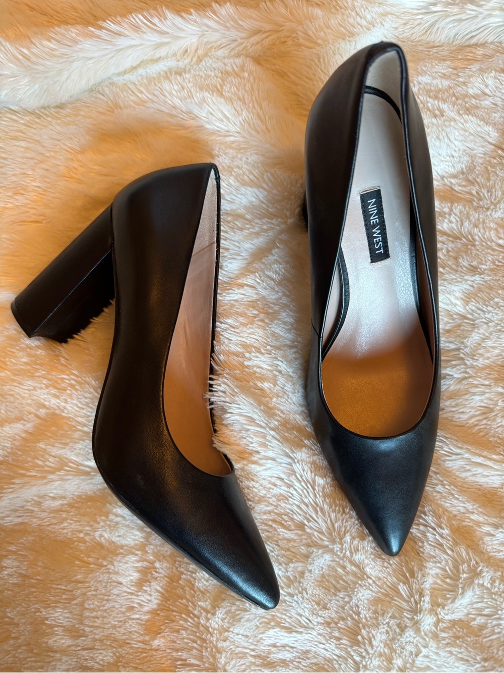 Nine West Black Pointed Toe Block Heel Pumps - Sleek Leather